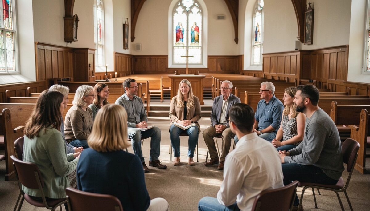 A teacher listens to adult learners seated in a circle in a church classroom.