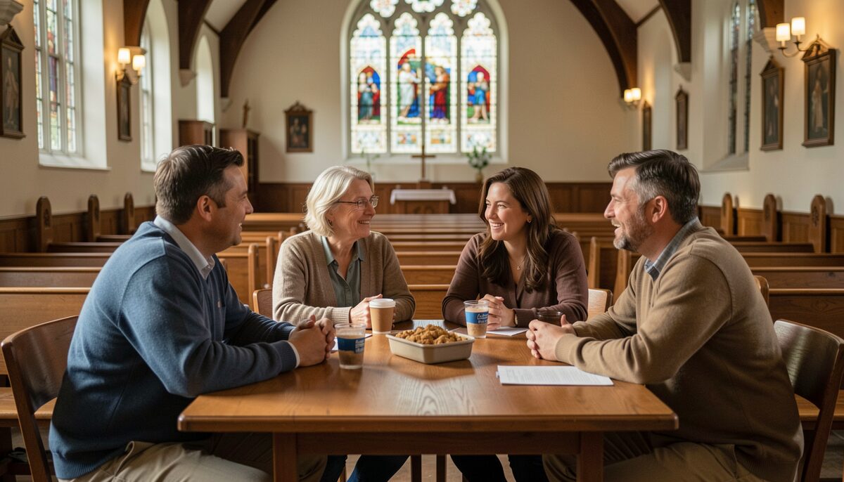 Adults talk together around a table in an evening church classroom.