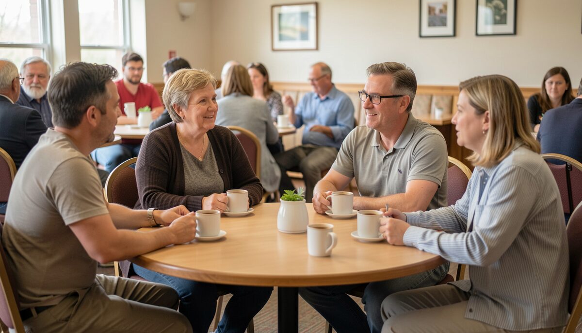A small group of adults talks around a round table with coffee cups in a fellowship hall.