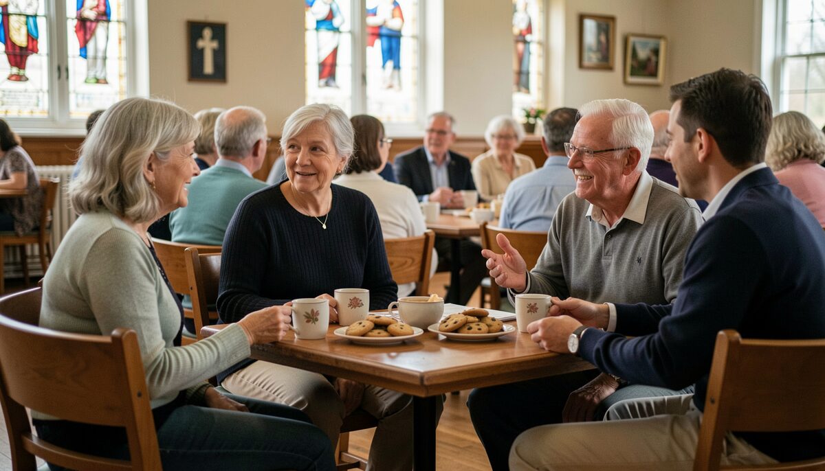 Neighbors chat over coffee and cookies in a church basement after Sunday service.