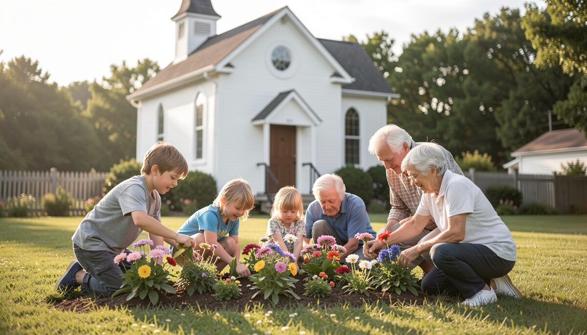 Children and elders plant flowers together in front of a small white church.