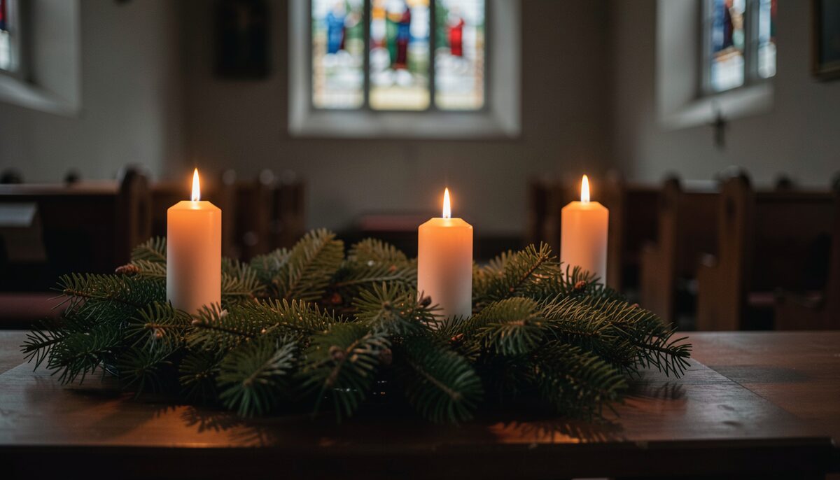 Three lit Advent candles glow in a dark sanctuary beside an evergreen wreath.