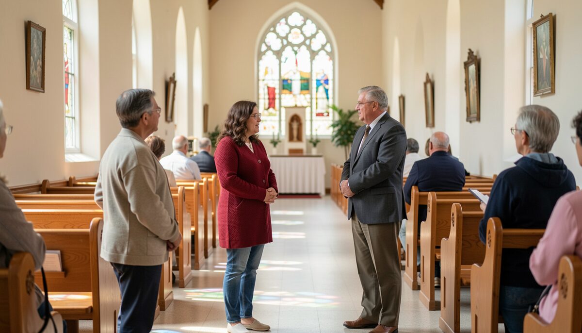A pastor talks with two visitors in a bright church hallway after morning worship.